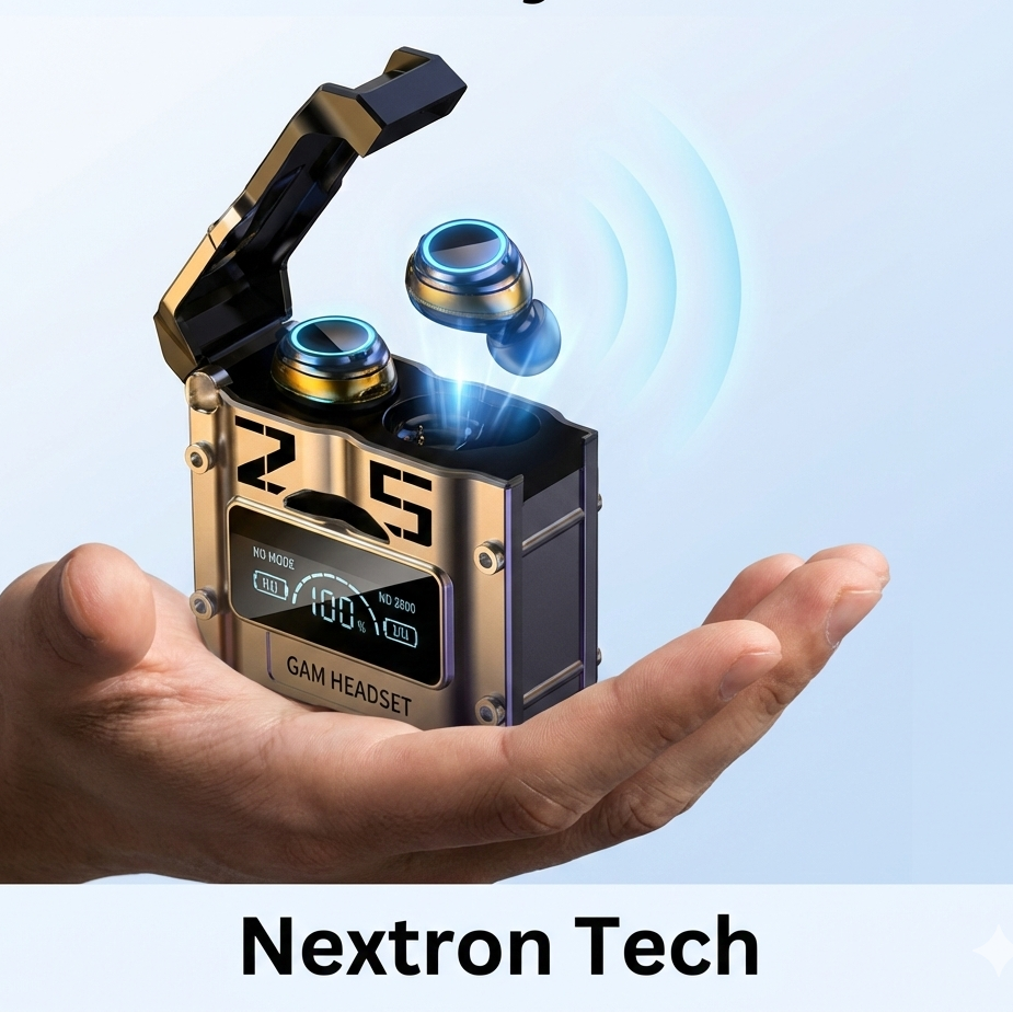 Gaming headset with charging case held in a hand, promotional text for free delivery and price, brand 'Nextron Tech' visible.